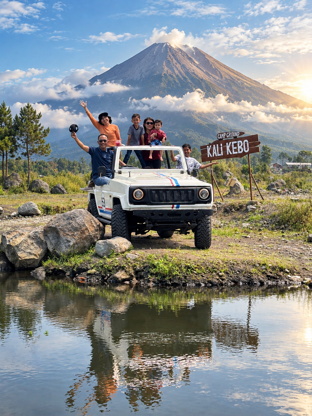 Wisatawan berfoto bersama Jeep putih di Kalikebo dengan latar Gunung Semeru